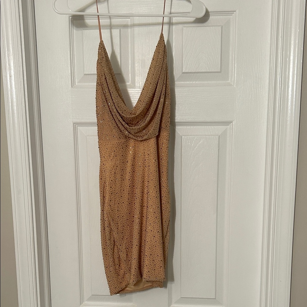 COWL NECK MINI DRESS IN GOLD